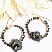 Fimo Pansy and Black Crystal Hoops