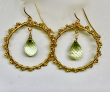 Handwrapped Gold Green Amethyst Hoops